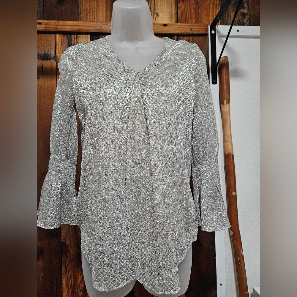 Alfani Metallic Silver Blouse with Flared Sleeves